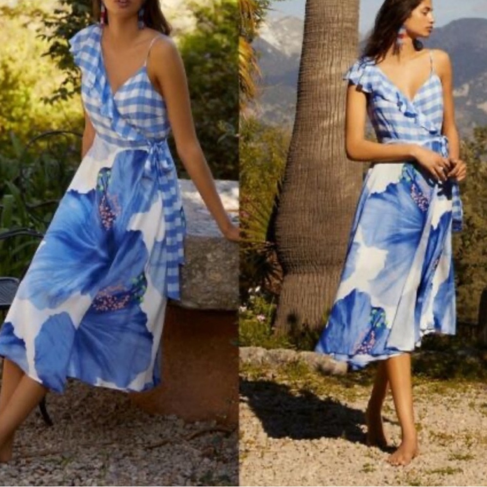 Blue and White Floral Wrap Dress by The Farm for Anthropologie, Size S